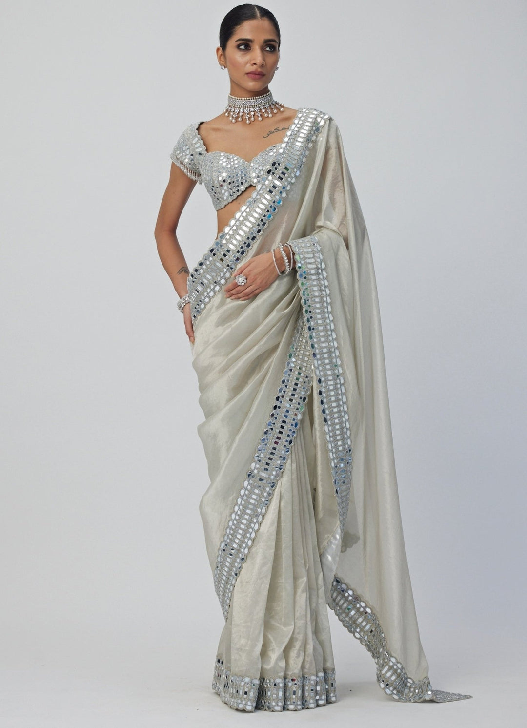 Silver Mirror Organza Saree With Half Sleeves Embroidered Mirror Blouse Vvani By Vani Vats - Fabilicious Fashion