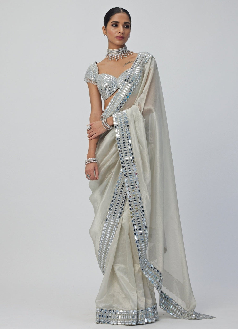 Silver Mirror Organza Saree With Half Sleeves Embroidered Mirror Blouse Vvani By Vani Vats - Fabilicious Fashion