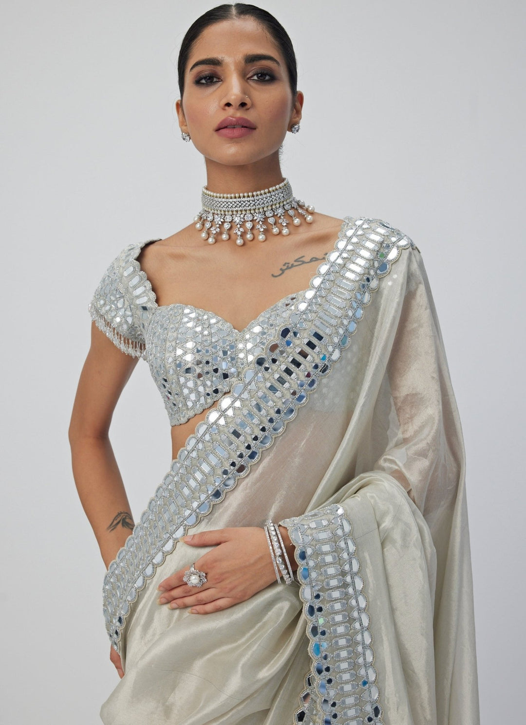 Silver Mirror Organza Saree With Half Sleeves Embroidered Mirror Blouse Vvani By Vani Vats - Fabilicious Fashion