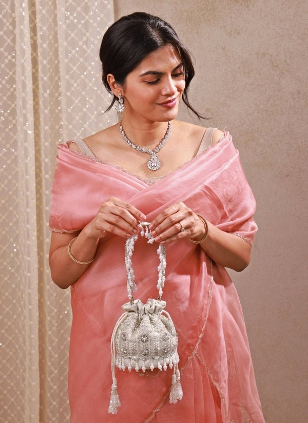 Silver Pearl Brocade Silk Mini Potli