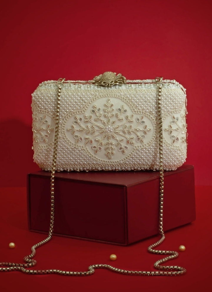Silver Pearl Embroidered Clutch AMYRA - Fabilicious Fashion