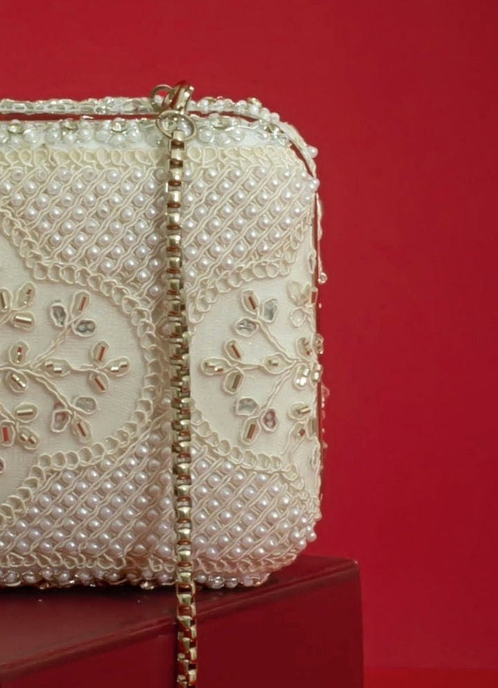Silver Pearl Embroidered Clutch AMYRA - Fabilicious Fashion