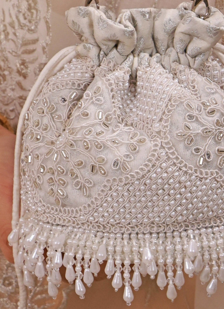 Amyra Silver Pearl Embroidered Silk Mini PotliFabilicious Fashion