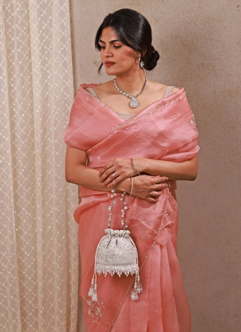 Amyra Silver Pearl Embroidered Silk Mini PotliFabilicious Fashion