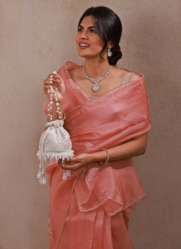 Silver Pearl Embroidered Silk Mini Potli