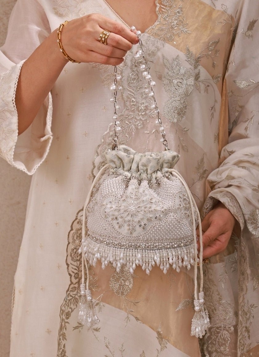 Amyra Silver Pearl Embroidered Silk PotliFabilicious Fashion