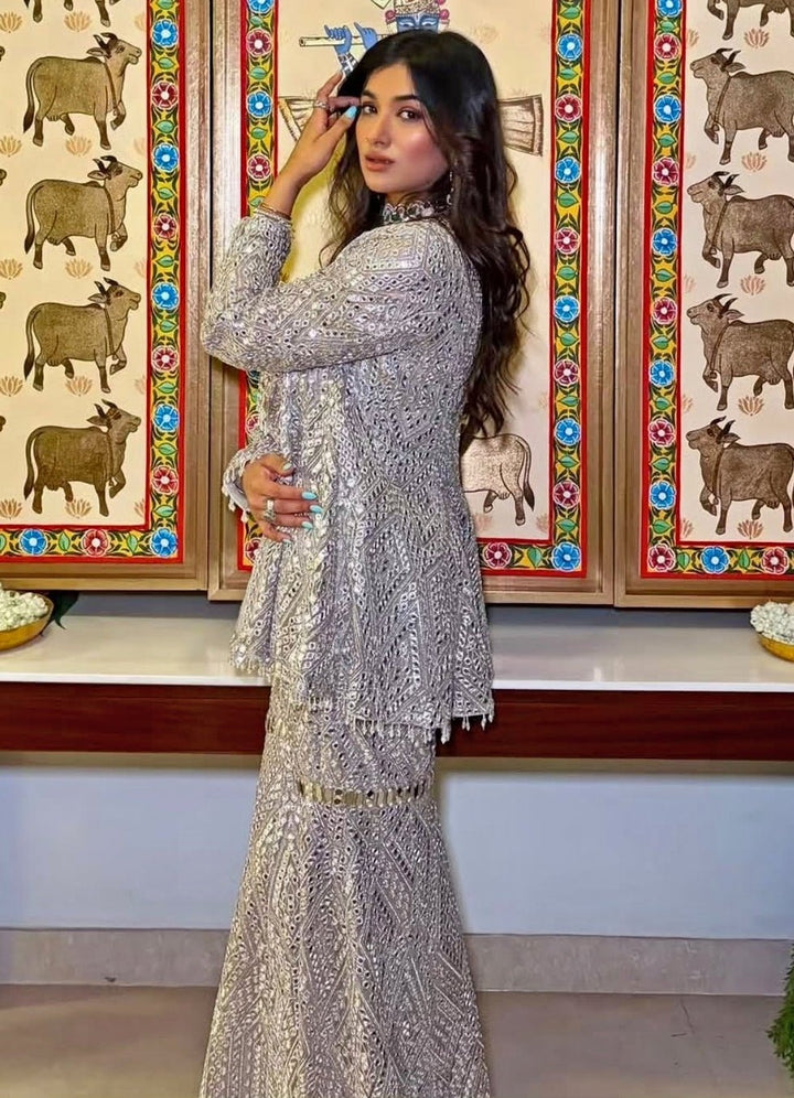 Twenty Nine Silver Pearl Soft Net Blouse Sharara Set with JacketFabilicious Fashion