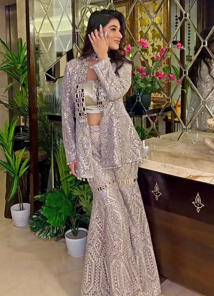 Twenty Nine Silver Pearl Soft Net Blouse Sharara Set with JacketFabilicious Fashion