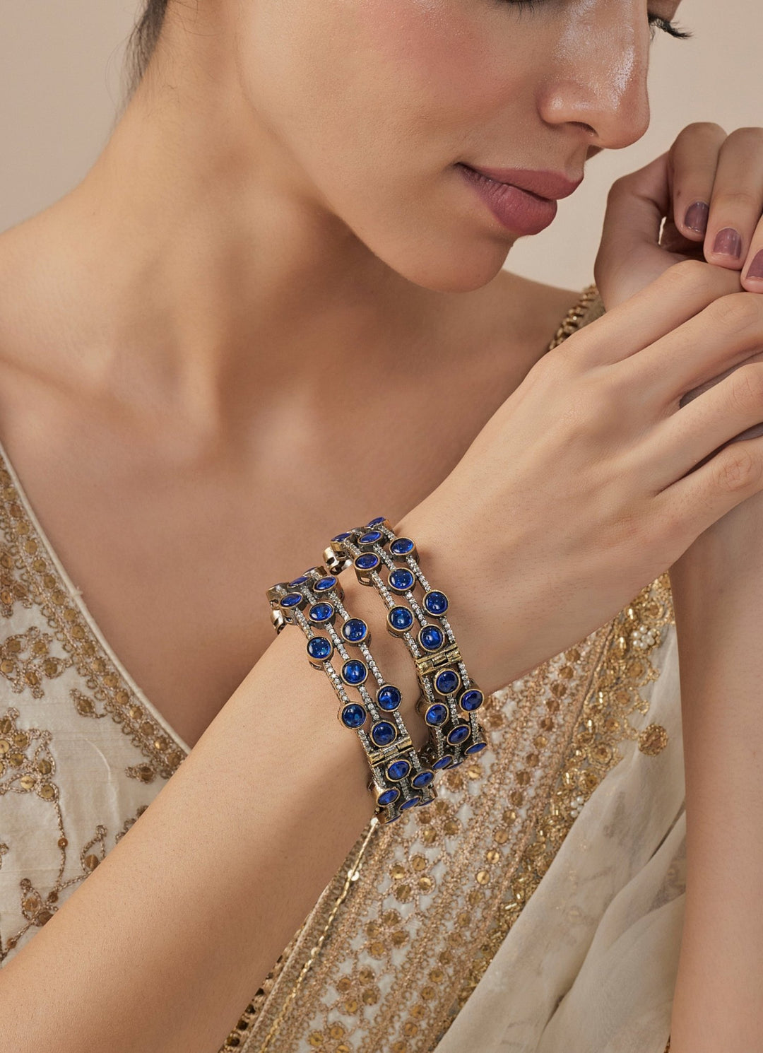 Silver Plated Blue Beaded Bangles Vivinia by Vidhi Mehra - Fabilicious Fashion