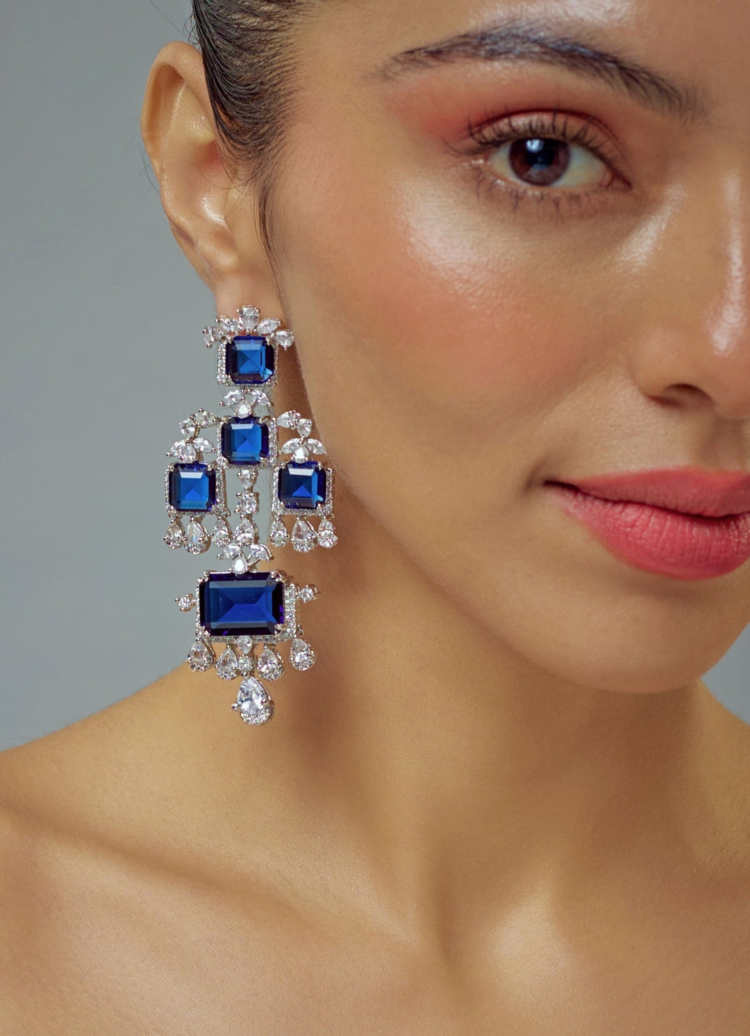 Silver Plated Blue Stone And Zircon Dangler Earrings Vivinia by Vidhi Mehra - Fabilicious Fashion
