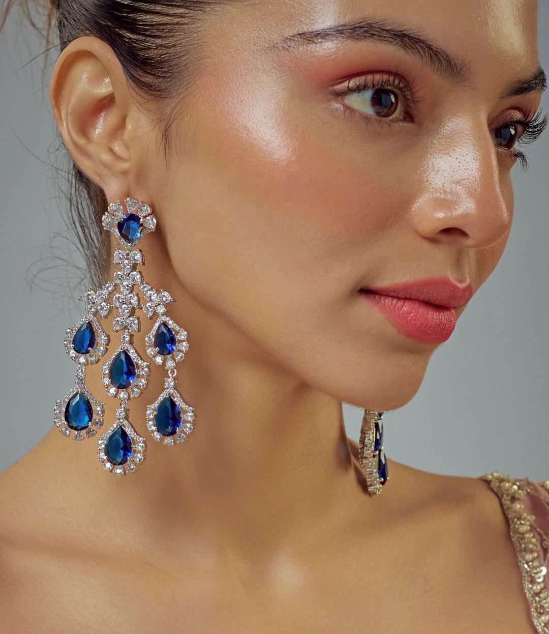 Silver Plated Blue Zircon Dangler Drop Earrings Vivinia by Vidhi Mehra - Fabilicious Fashion