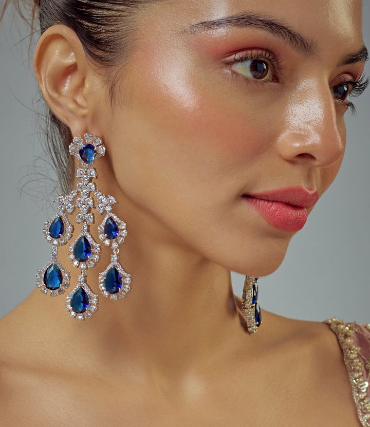 Silver Plated Blue Zircon Dangler Drop Earrings Vivinia by Vidhi Mehra - Fabilicious Fashion