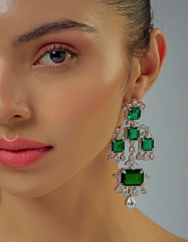 Silver Plated Emerald Green And Zircon Dangler Earrings Vivinia by Vidhi Mehra - Fabilicious Fashion