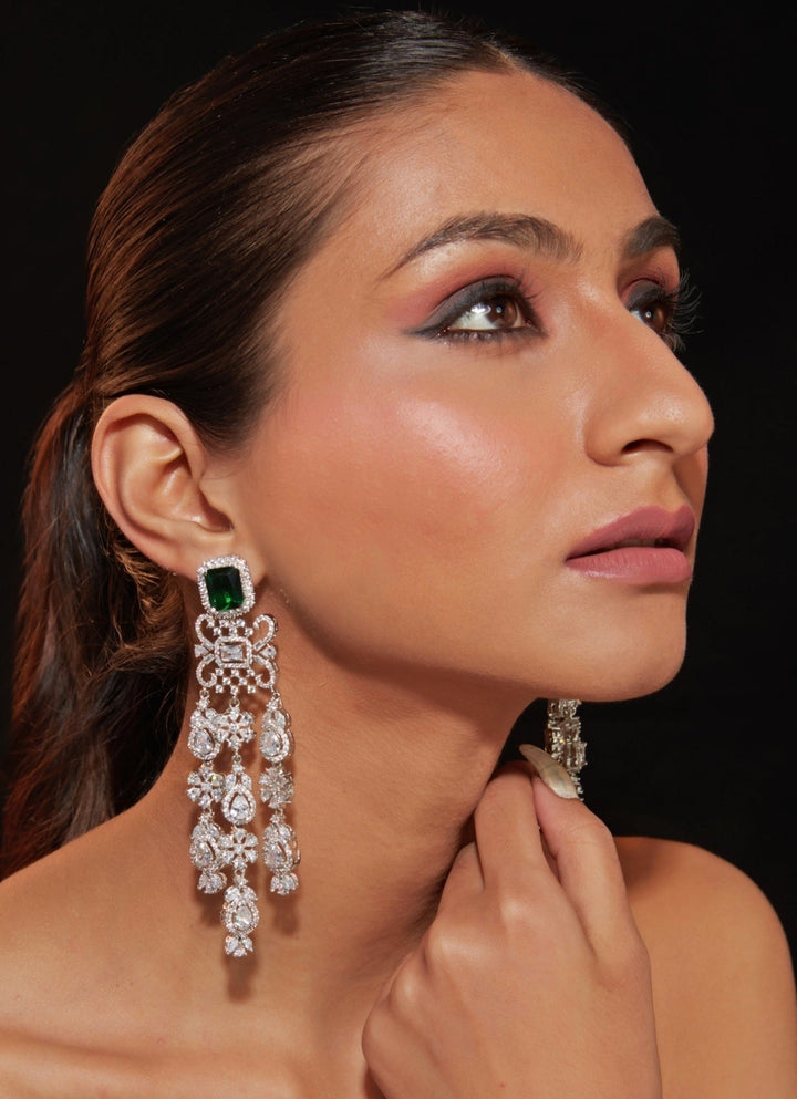 Silver Plated Emerald Stone Zircon Earrings Vivinia by Vidhi Mehra - Fabilicious Fashion