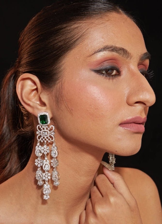 Silver Plated Emerald Stone Zircon Earrings Vivinia by Vidhi Mehra - Fabilicious Fashion