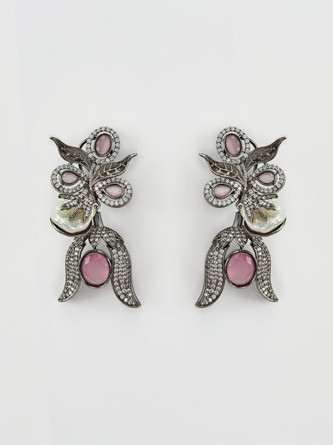 Silver Plated Floral Pink And Crystal Dangler Earrings Vivinia by Vidhi Mehra - Fabilicious Fashion