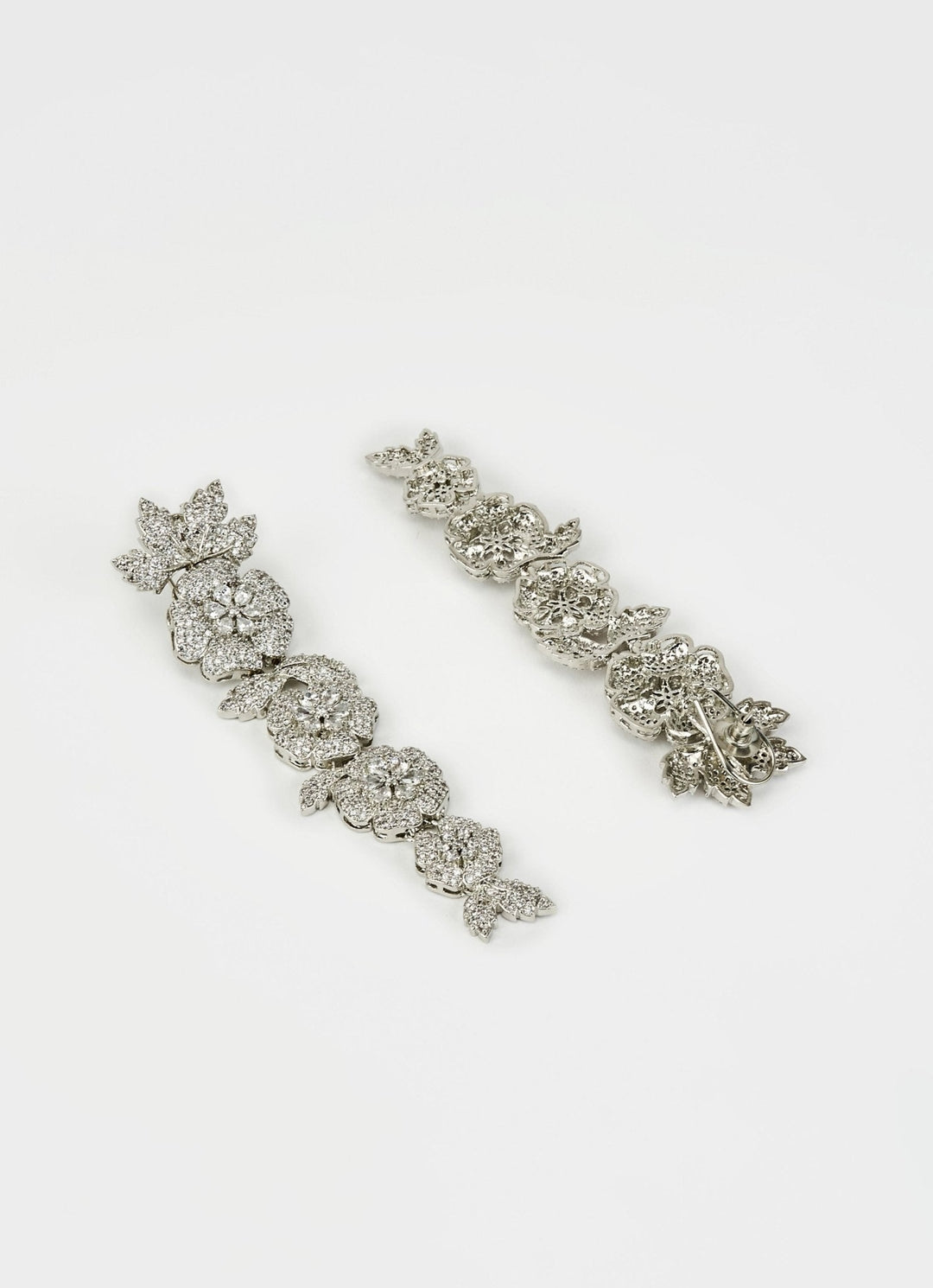 Silver Plated Floral Zircon Long Dangler Earrings Vivinia by Vidhi Mehra - Fabilicious Fashion