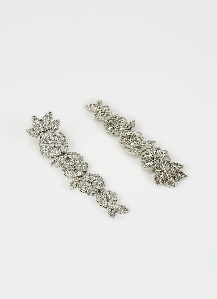 Silver Plated Floral Zircon Long Dangler Earrings Vivinia by Vidhi Mehra - Fabilicious Fashion