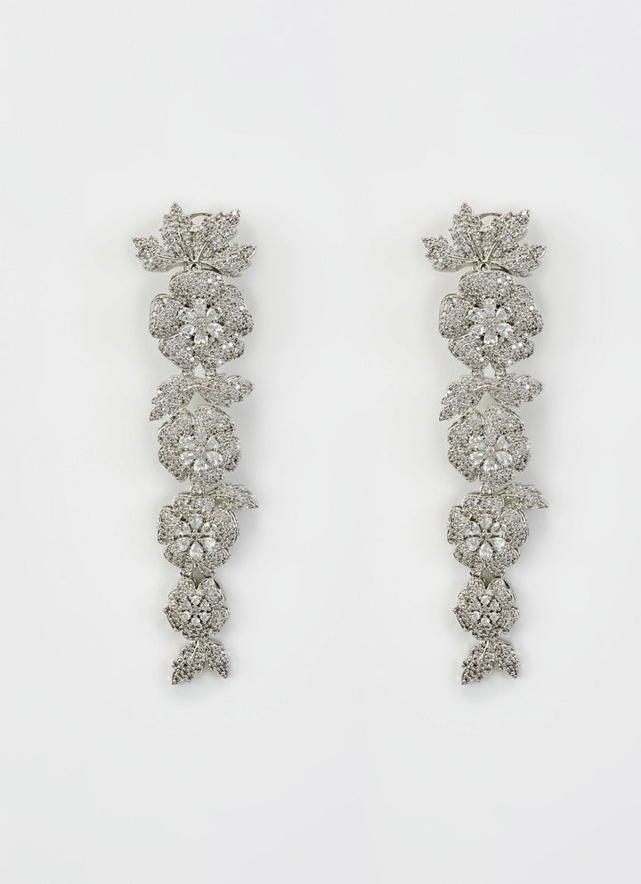 Silver Plated Floral Zircon Long Dangler Earrings Vivinia by Vidhi Mehra - Fabilicious Fashion