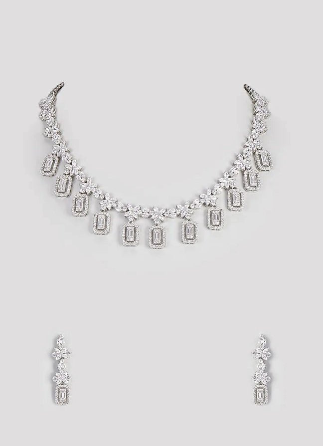 Silver Plated Floral Zircon Necklace Set Vivinia by Vidhi Mehra - Fabilicious Fashion