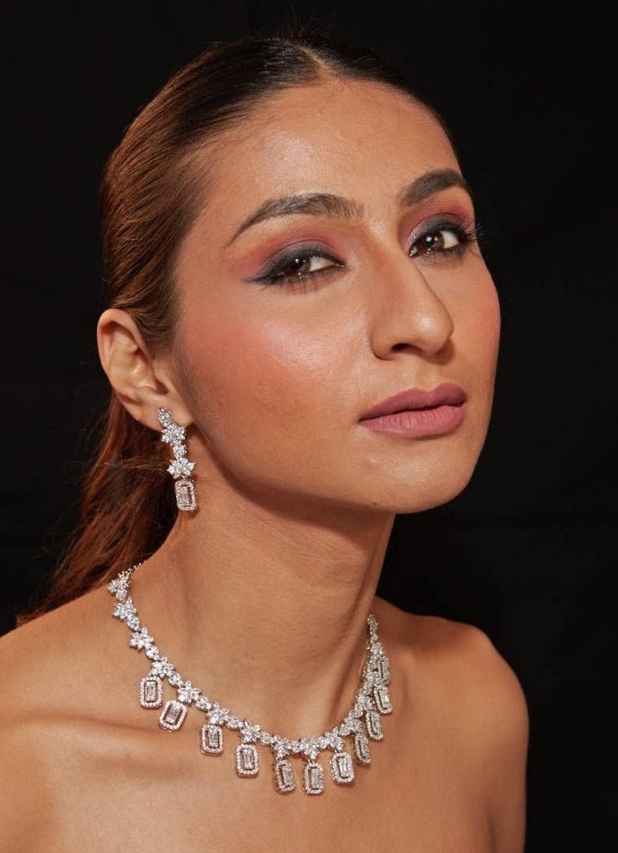 Silver Plated Floral Zircon Necklace Set Vivinia by Vidhi Mehra - Fabilicious Fashion