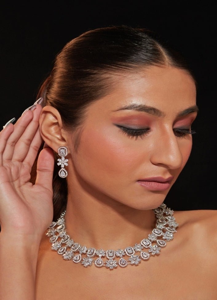 Silver Plated Floral Zircon Necklace Set Vivinia by Vidhi Mehra - Fabilicious Fashion