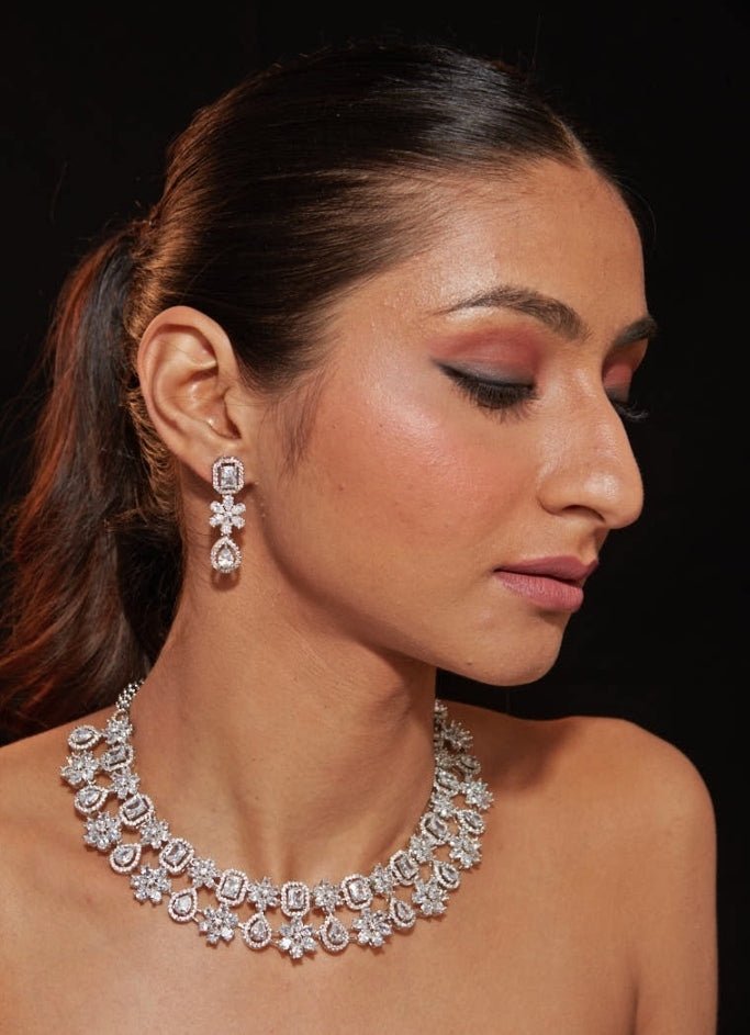 Silver Plated Floral Zircon Necklace Set Vivinia by Vidhi Mehra - Fabilicious Fashion
