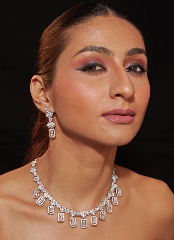 Silver Plated Floral Zircon Necklace Set Vivinia by Vidhi Mehra - Fabilicious Fashion