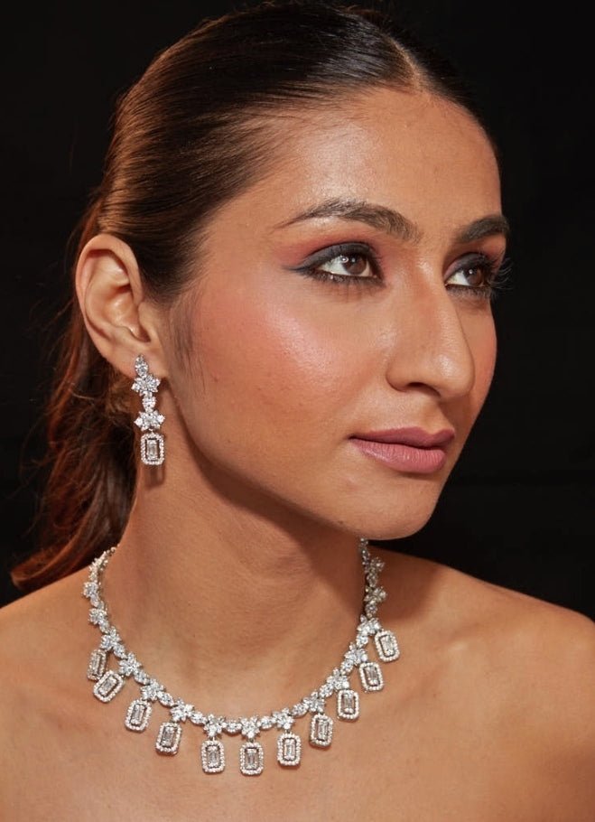 Silver Plated Floral Zircon Necklace Set Vivinia by Vidhi Mehra - Fabilicious Fashion