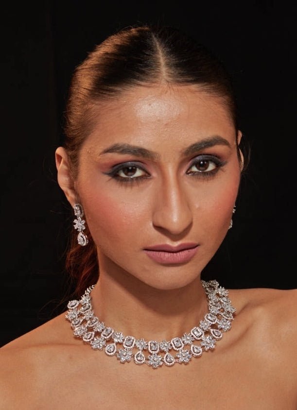 Silver Plated Floral Zircon Necklace Set Vivinia by Vidhi Mehra - Fabilicious Fashion
