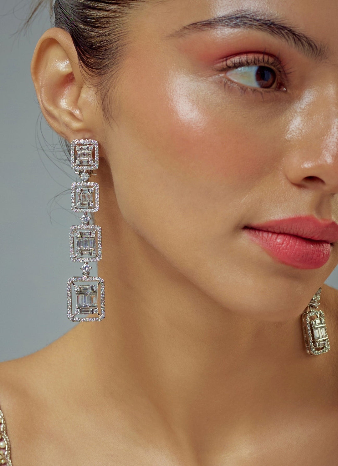 Silver Plated Geometric Zircon Dangler Earrings Vivinia by Vidhi Mehra - Fabilicious Fashion