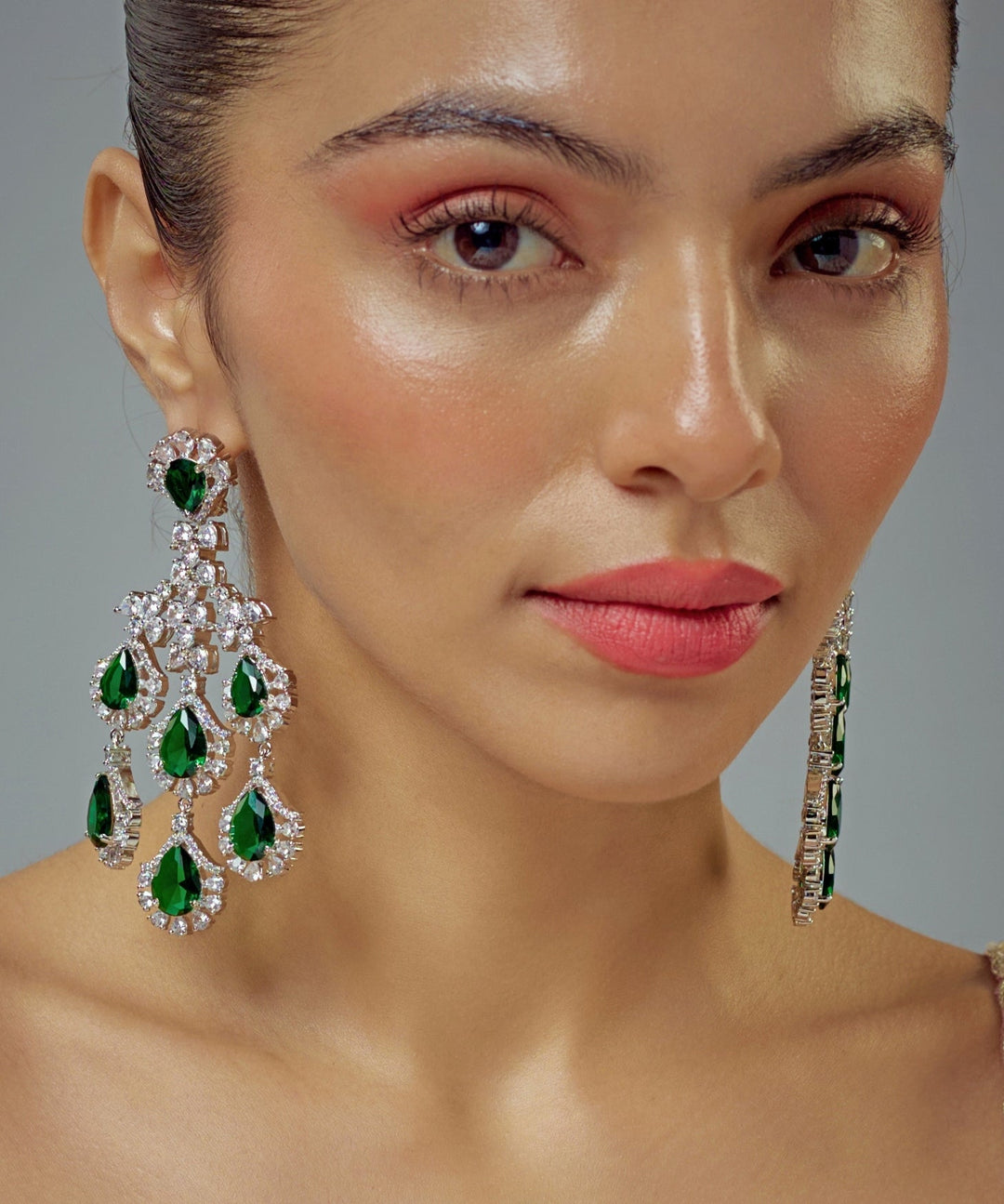 Silver Plated Green And Crystal Dangler Earrings Vivinia by Vidhi Mehra - Fabilicious Fashion