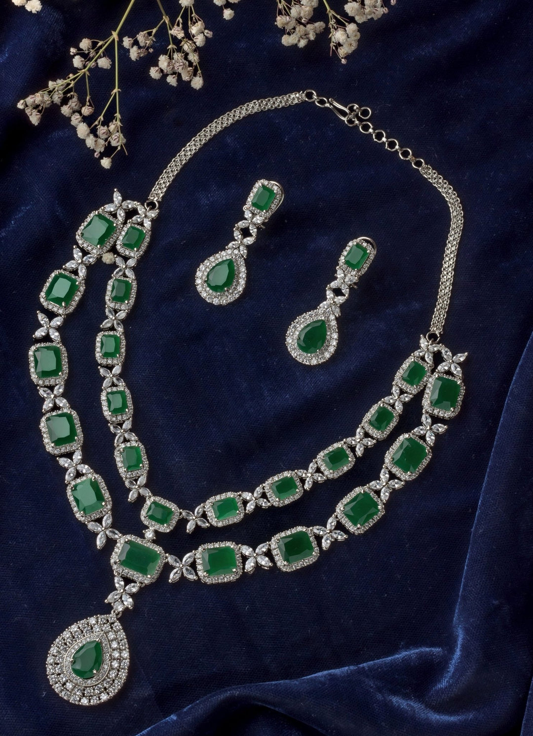 Silver Plated Green Short Necklace Set Vivinia by Vidhi Mehra - Fabilicious Fashion