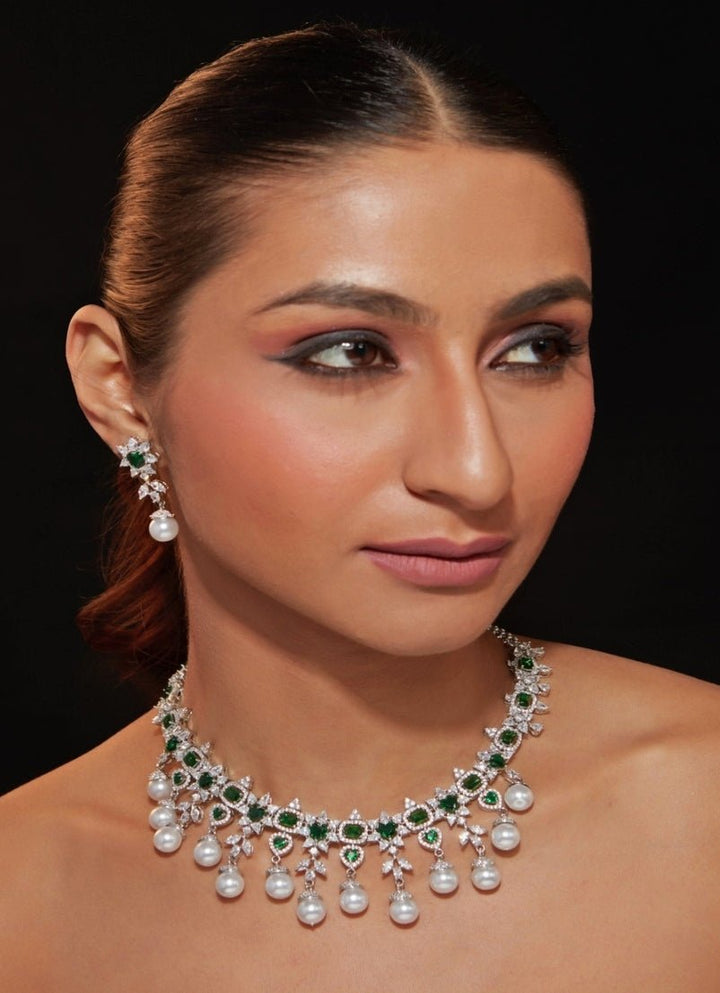 Silver Plated Green Stone Zircon Necklace Set Vivinia by Vidhi Mehra - Fabilicious Fashion
