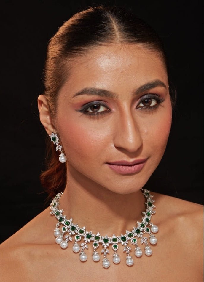 Silver Plated Green Stone Zircon Necklace Set Vivinia by Vidhi Mehra - Fabilicious Fashion