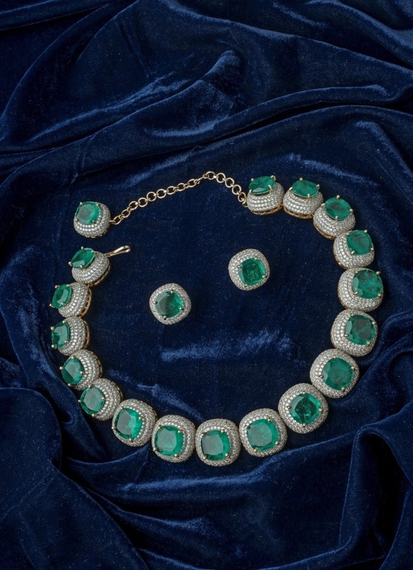Silver Plated Green Synthetic Stone Statement Choker Necklace Set