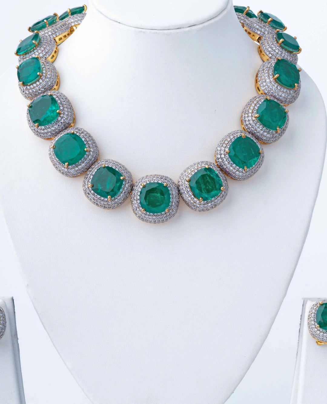 Silver Plated Green Synthetic Stone Statement Choker Necklace Set Vivinia by Vidhi Mehra - Fabilicious Fashion