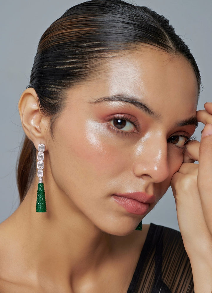 Silver Plated Green Zircon Dangler Earrings Vivinia by Vidhi Mehra - Fabilicious Fashion