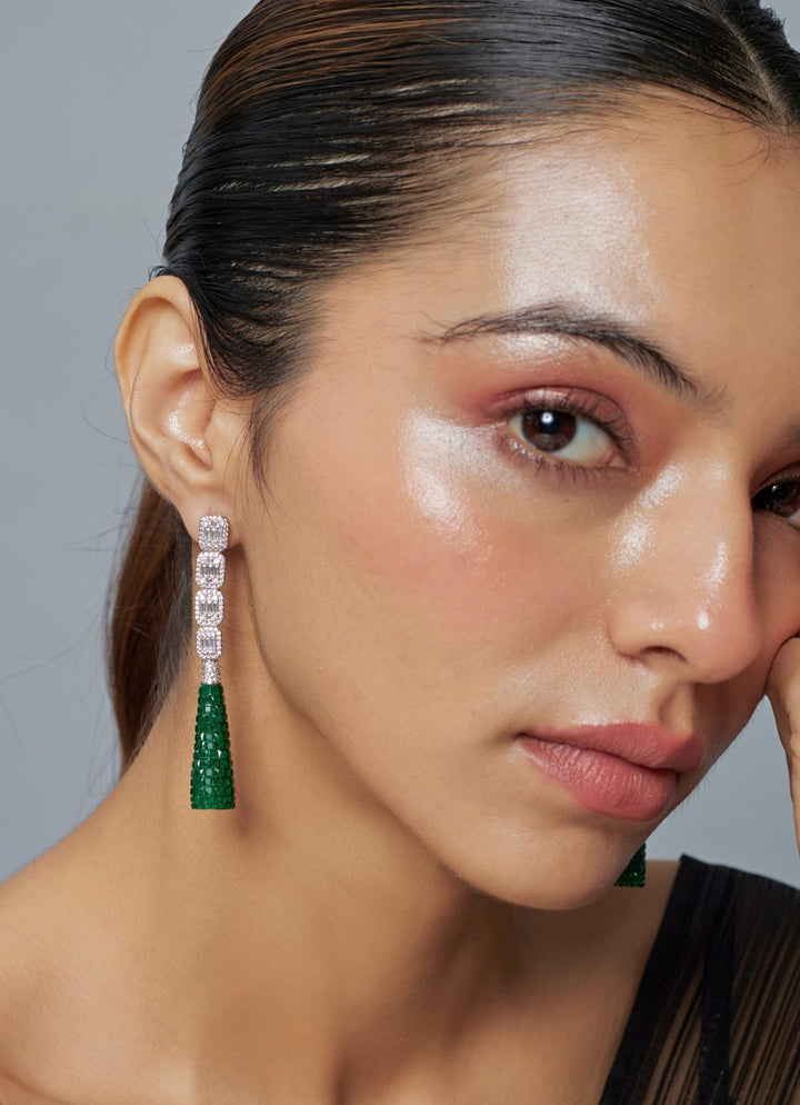 Silver Plated Green Zircon Dangler Earrings Vivinia by Vidhi Mehra - Fabilicious Fashion