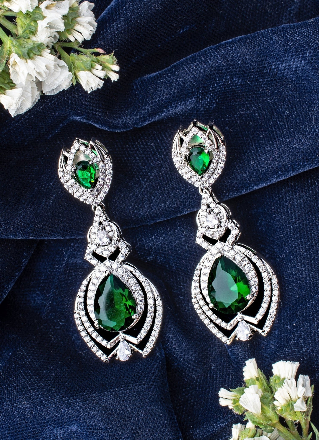 Silver Plated Green Zircon Earrings Vivinia by Vidhi Mehra - Fabilicious Fashion