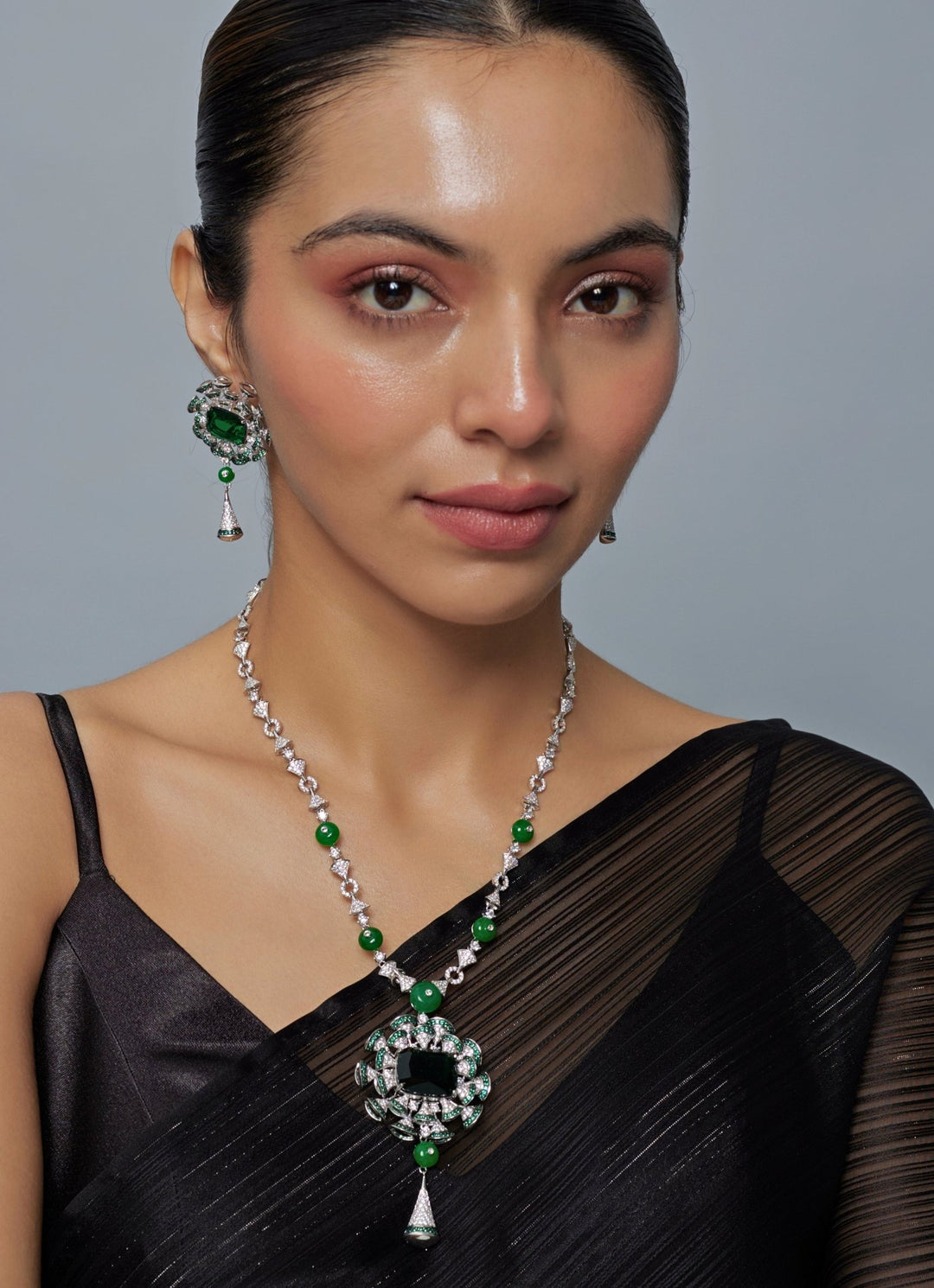 Silver Plated Green Zircon Long Necklace Set Vivinia by Vidhi Mehra - Fabilicious Fashion