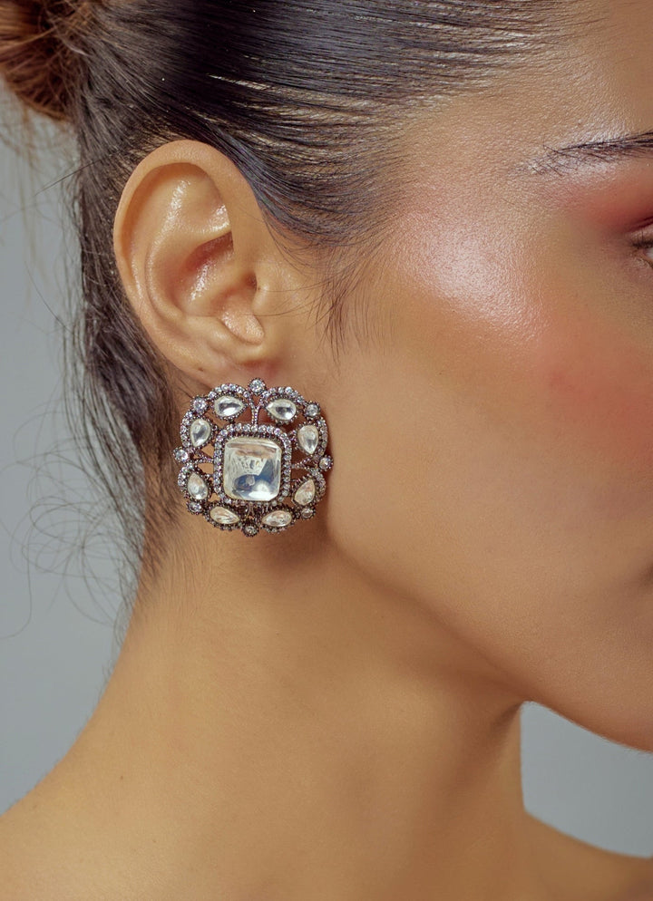Silver Plated Kundan And Polki Stud Earrings Vivinia by Vidhi Mehra - Fabilicious Fashion