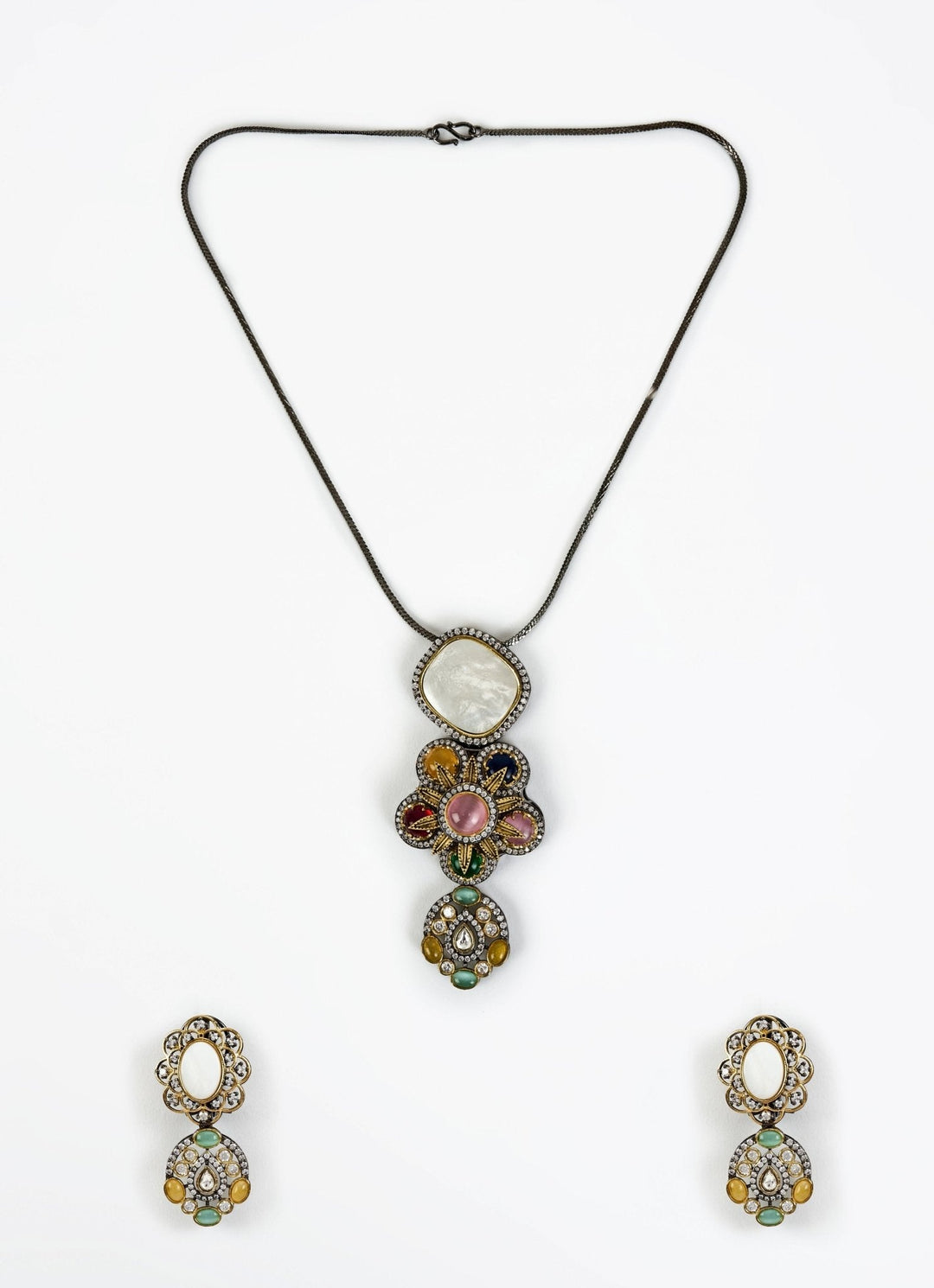 Silver Plated Multi Kundan Long Necklace Set Vivinia by Vidhi Mehra - Fabilicious Fashion