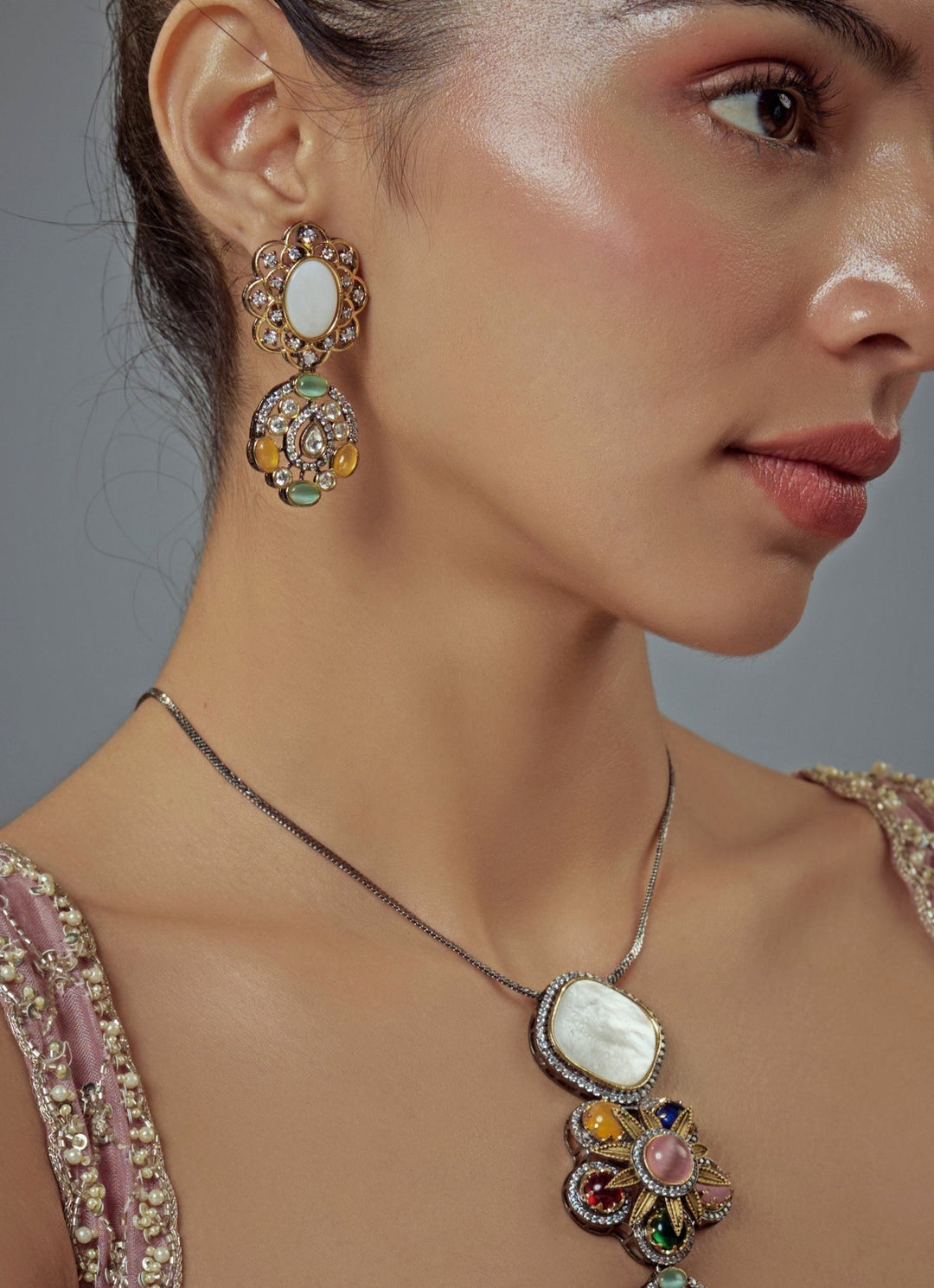 Silver Plated Multi Kundan Long Necklace Set Vivinia by Vidhi Mehra - Fabilicious Fashion
