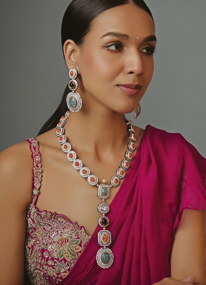 Vivinia by Vidhi Mehra Silver Plated Multicolored Synthetic Stone Necklace SetFabilicious Fashion