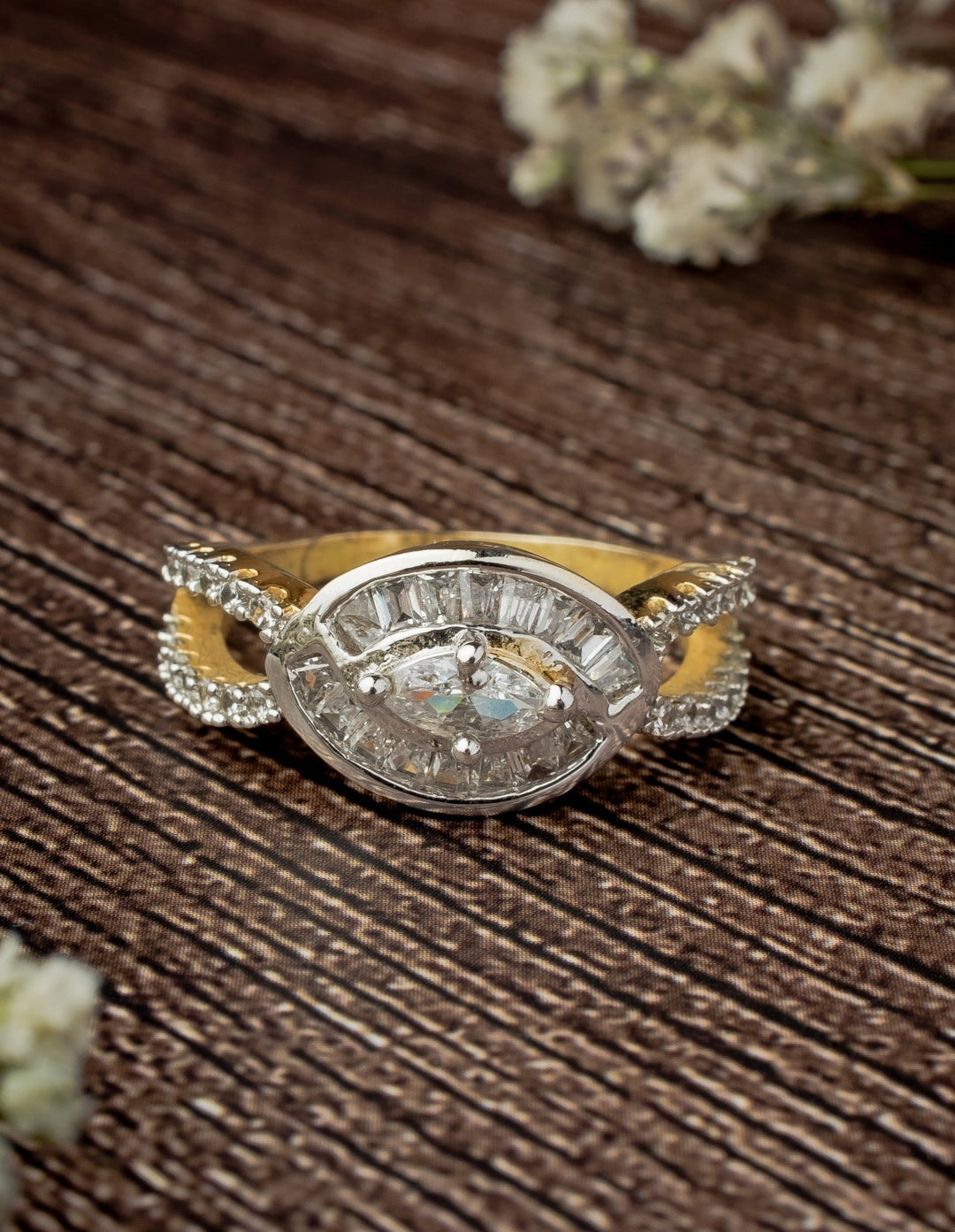 Silver Plated White Round Crystal Ring Vivinia by Vidhi Mehra - Fabilicious Fashion