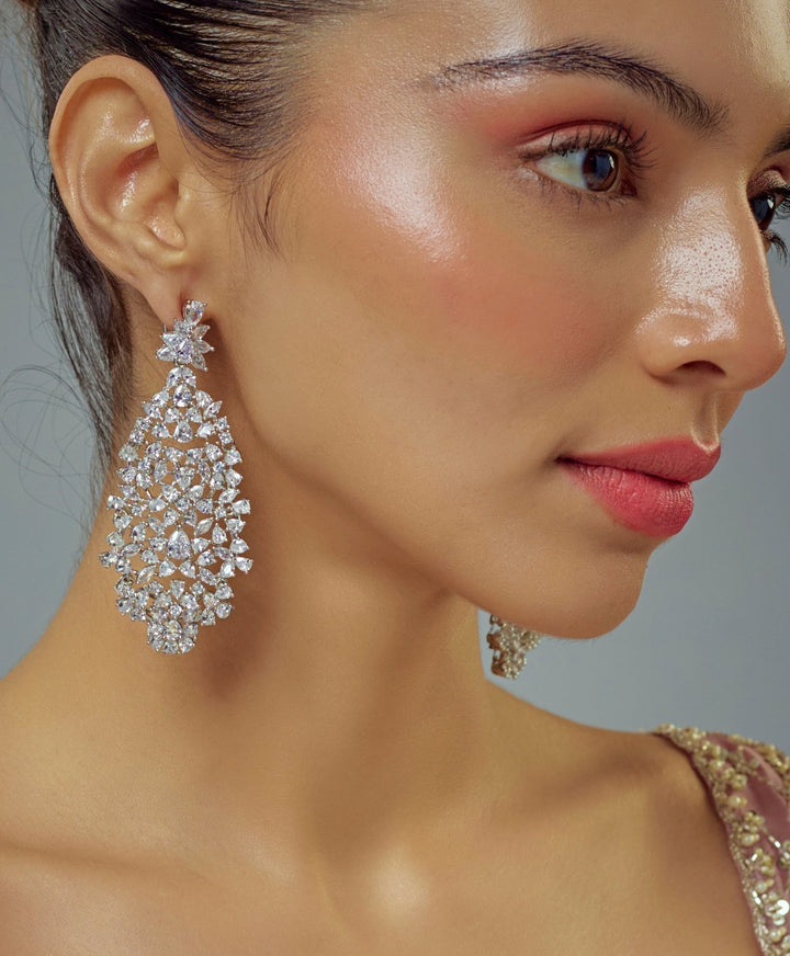 Silver Plated Zircon Dangler Earrings Vivinia by Vidhi Mehra - Fabilicious Fashion