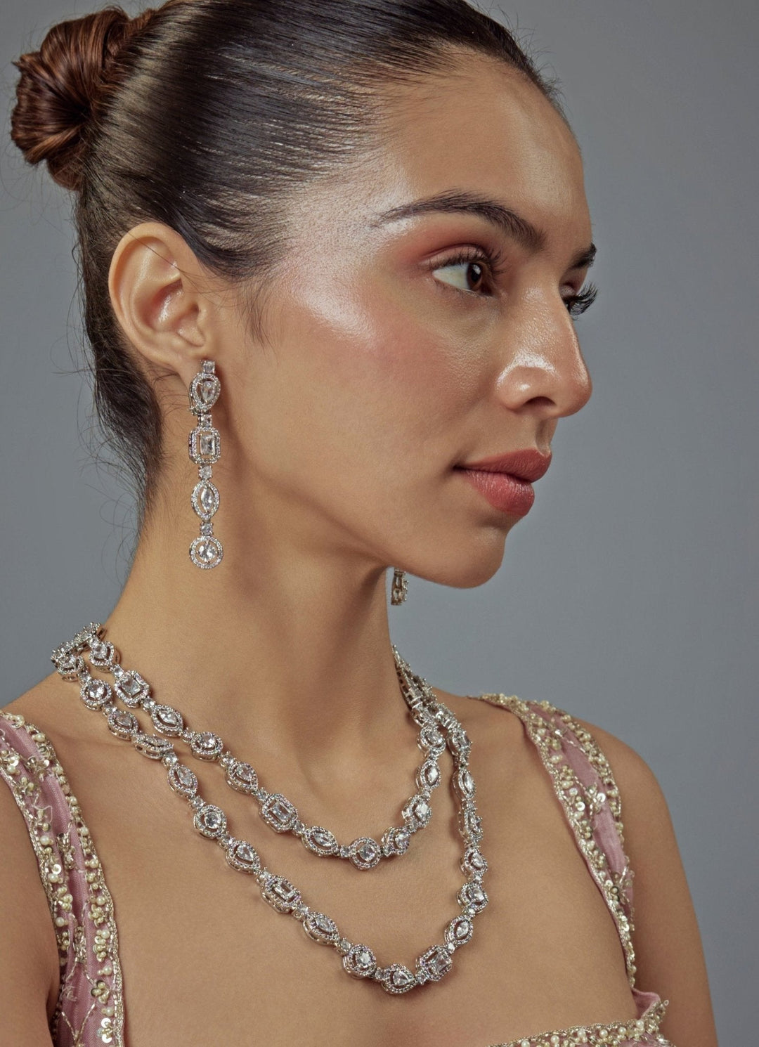 Silver Plated Zircon Double Layered Long Necklace Set Vivinia by Vidhi Mehra - Fabilicious Fashion