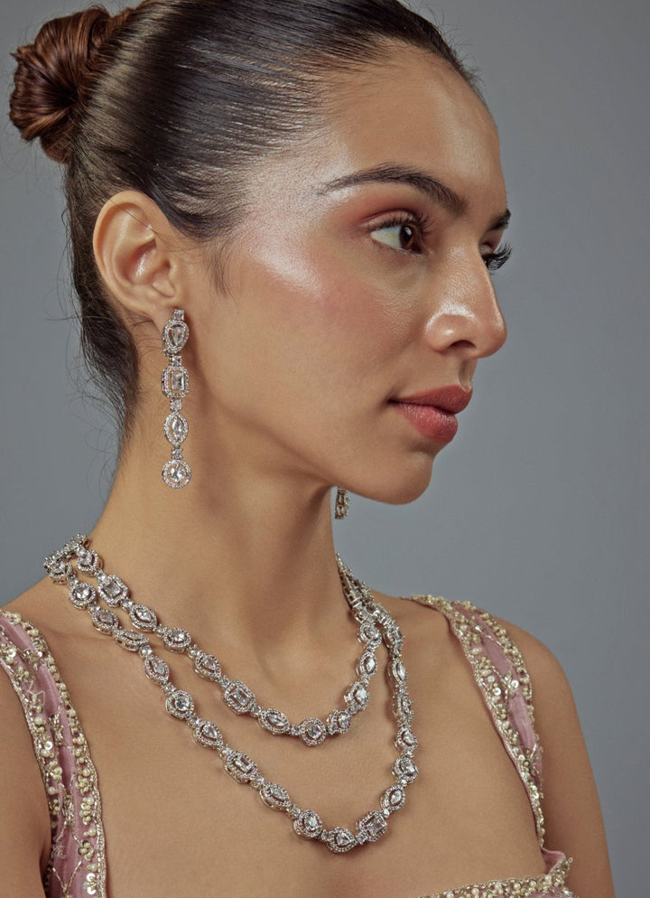 Silver Plated Zircon Double Layered Long Necklace Set Vivinia by Vidhi Mehra - Fabilicious Fashion
