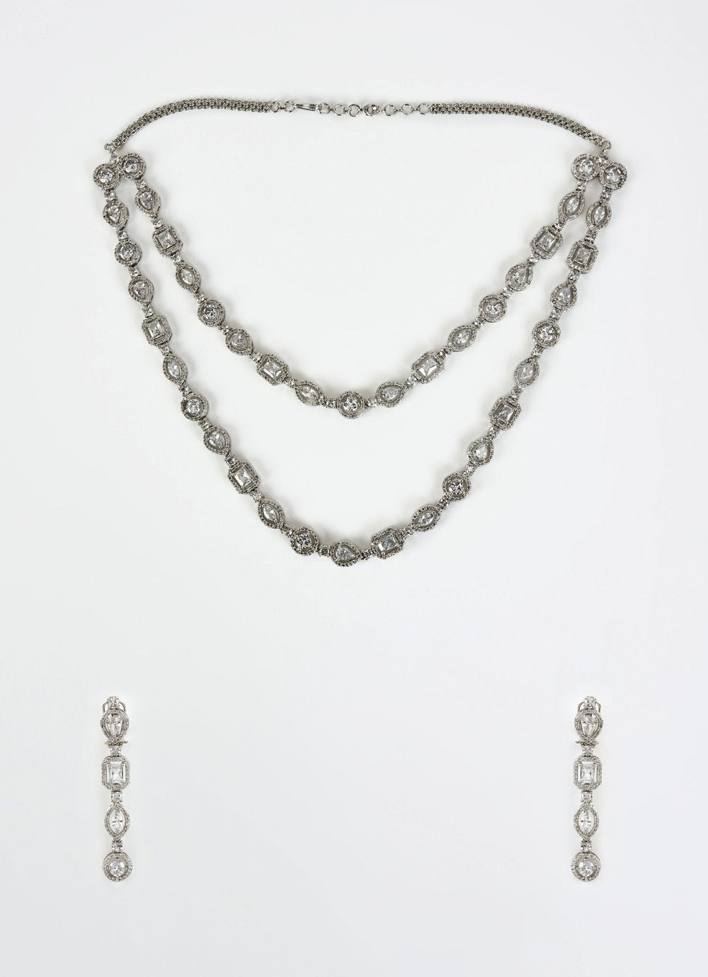 Silver Plated Zircon Double Layered Long Necklace Set Vivinia by Vidhi Mehra - Fabilicious Fashion